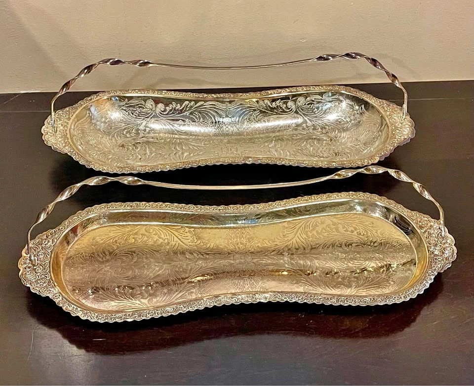 Pair of Vintage Silver-Plated Serving Trays with Handles