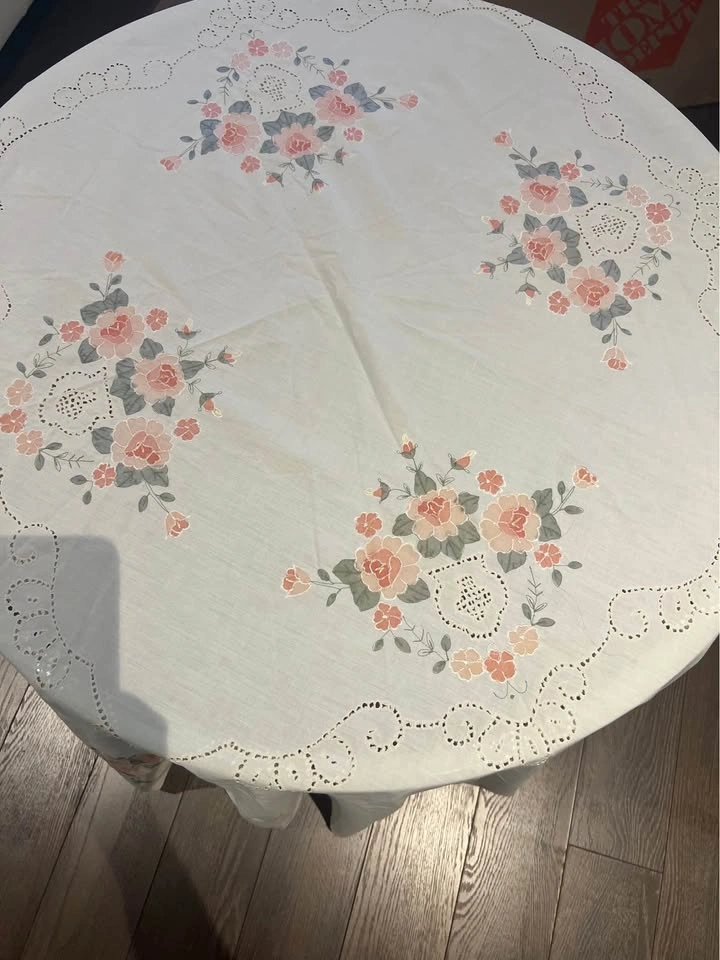 Vintage Floral Embroidered Round Tablecloth with Eyelet Detail