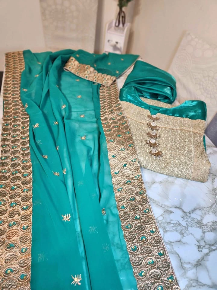 Teal Gold Embroidered 3-Piece Indian Pakistani Dress Set
