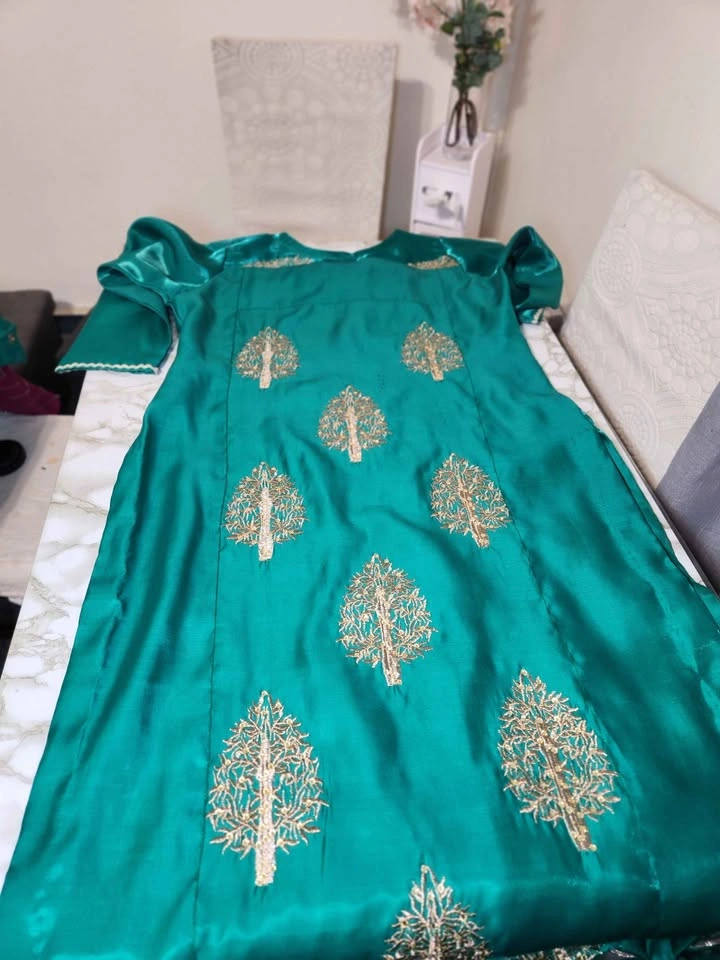 Teal Gold Embroidered 3-Piece Indian Pakistani Dress Set - photo 4