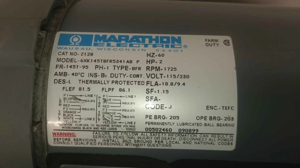Marathon Electric 2hp 1725rpm Farm Duty Motor 7/8 Shaft - photo 3