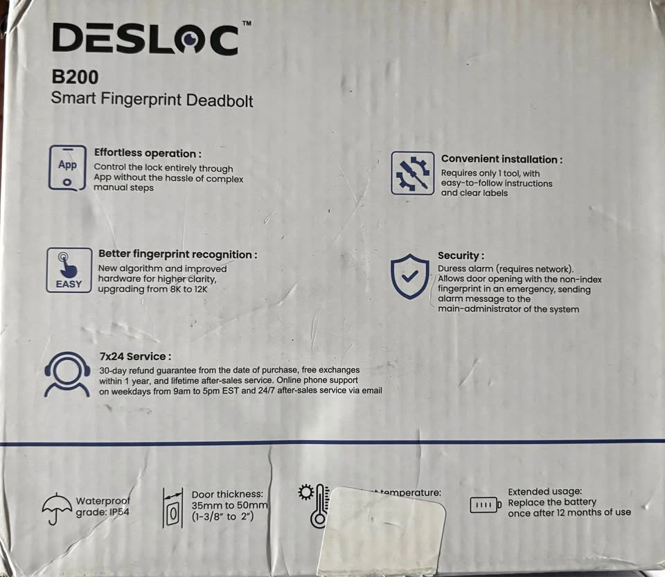 DESLOC B200 Smart Fingerprint Deadbolt – New Black Metal Lock