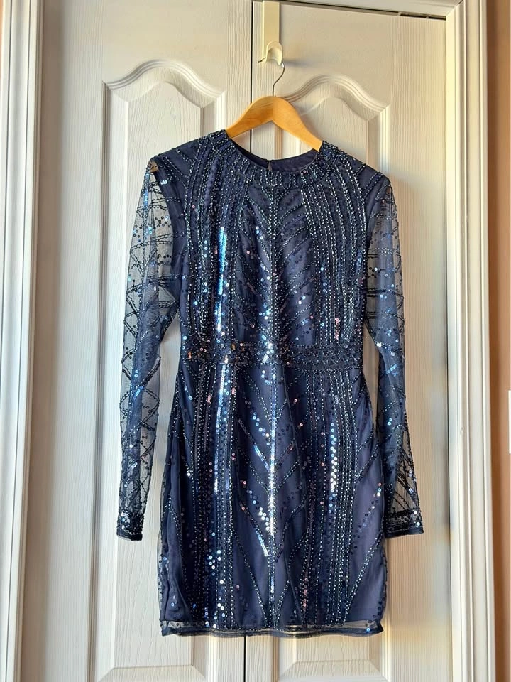 Navy Blue Sequin and Beaded Long Sleeve Mini Dress