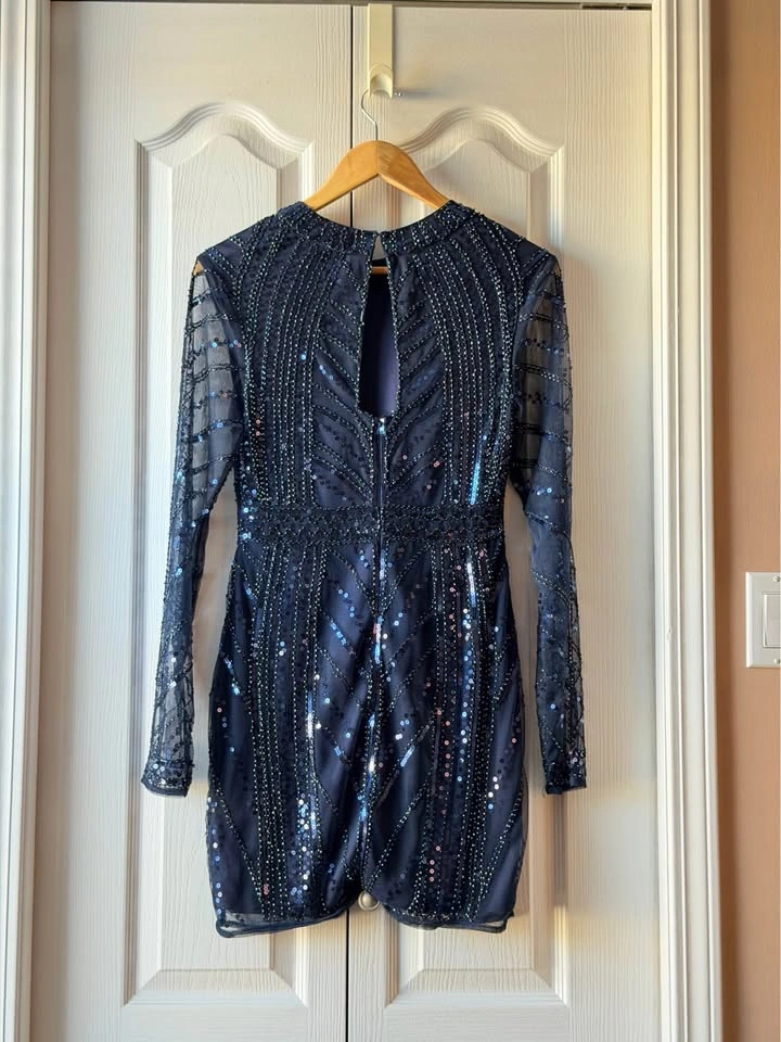 Navy Blue Sequin and Beaded Long Sleeve Mini Dress - photo 2