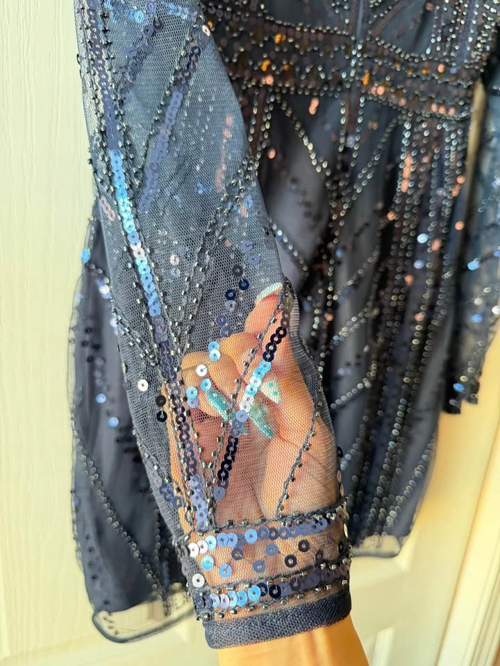 Navy Blue Sequin and Beaded Long Sleeve Mini Dress - photo 3