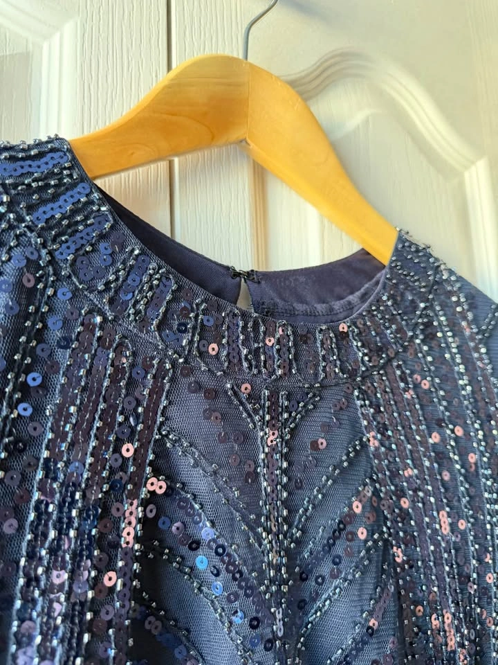 Navy Blue Sequin and Beaded Long Sleeve Mini Dress - photo 4