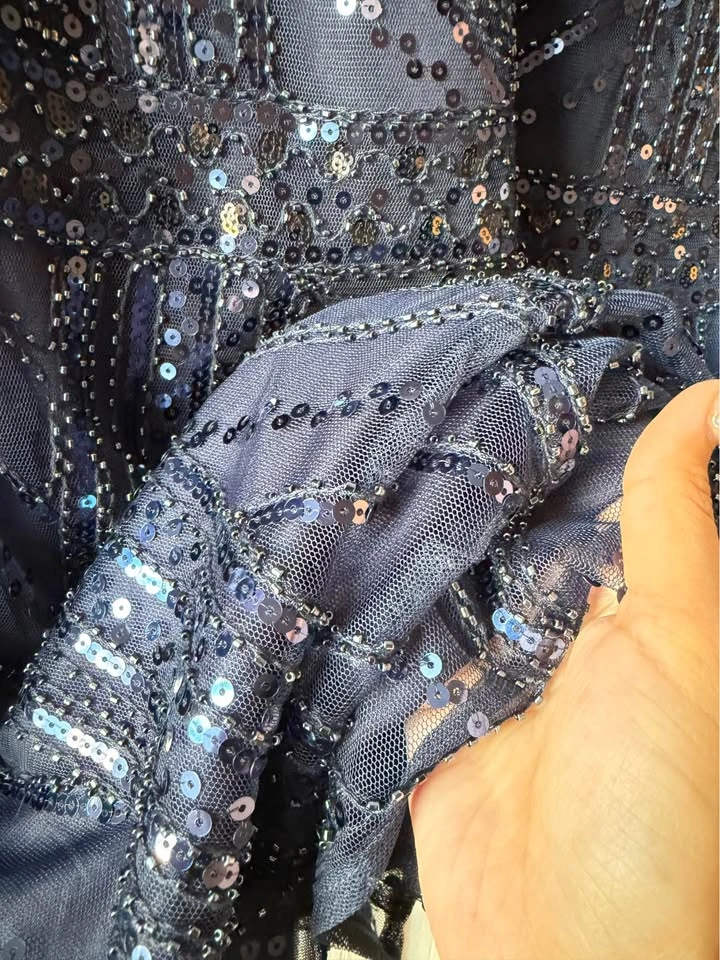 Navy Blue Sequin and Beaded Long Sleeve Mini Dress - photo 5
