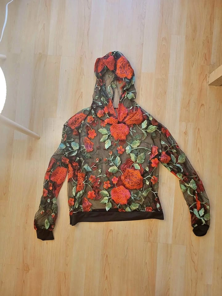 Floral Embroidered Mesh Hoodie