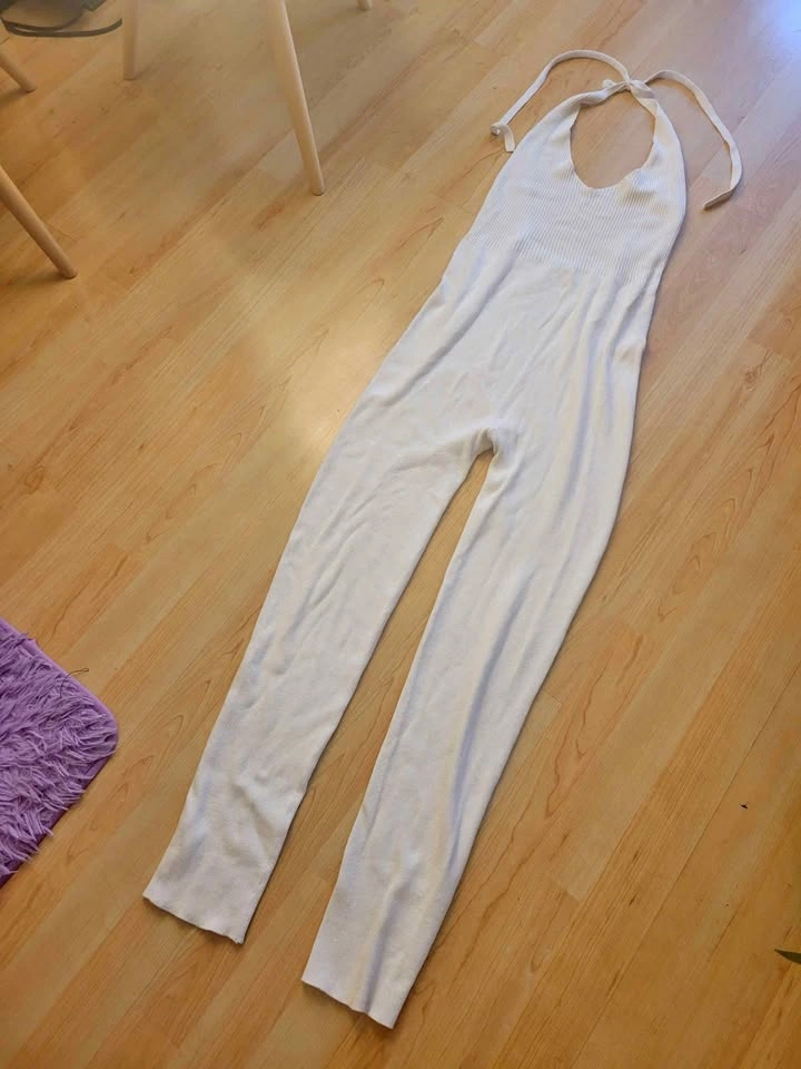 Zara White Ribbed Knit Halter Jumpsuit