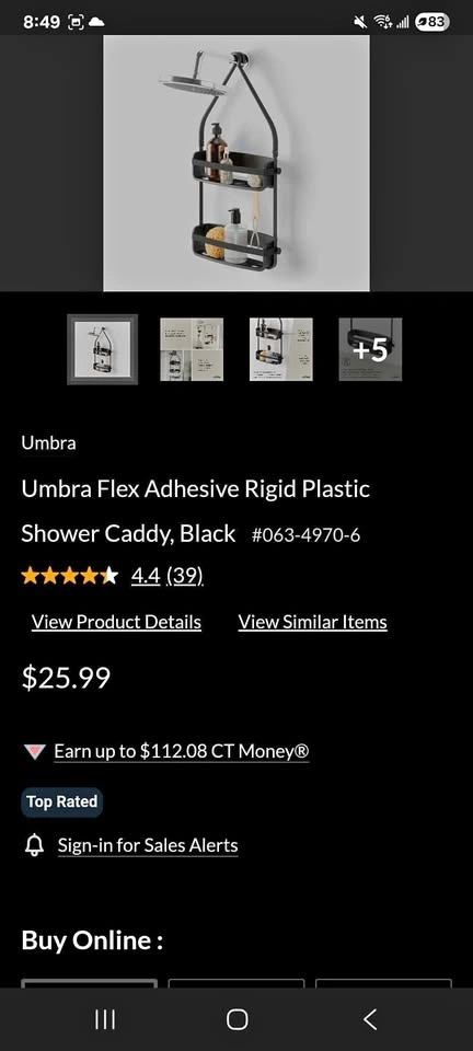 Umbra Flex Adhesive Rigid Plastic Shower Caddy, Black