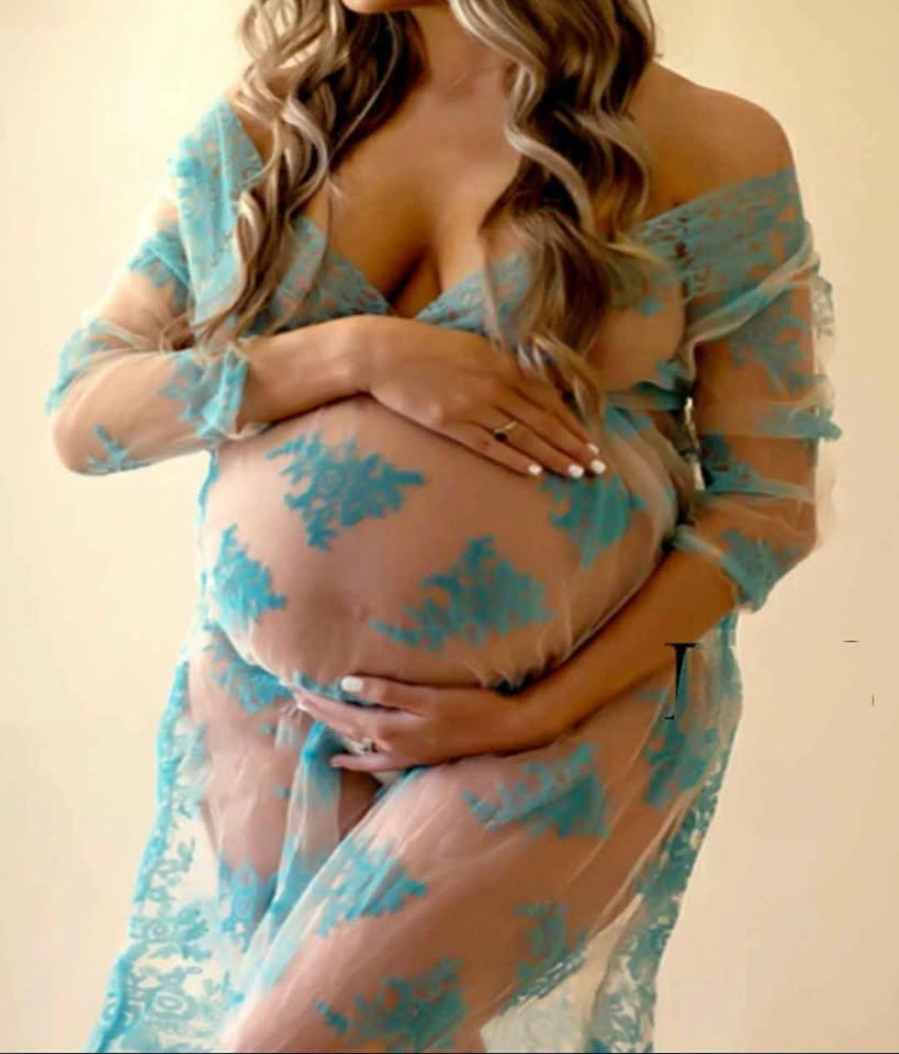 Light Blue Floral Lace Maternity Photography Gown
