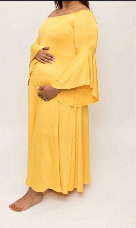 Yellow Bell Sleeve Maternity Maxi Dress