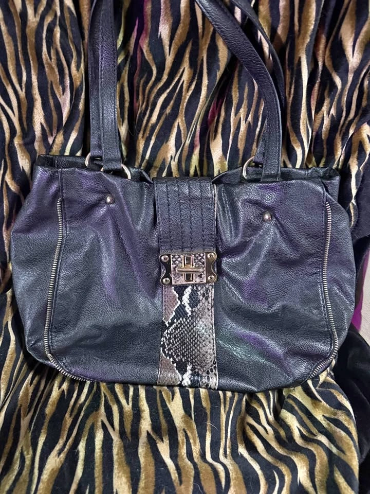 Black Faux-Leather Shoulder Tote with Snake-Print Accent
