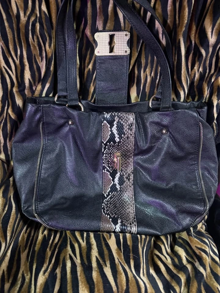 Black Faux-Leather Shoulder Tote with Snake-Print Accent - photo 2