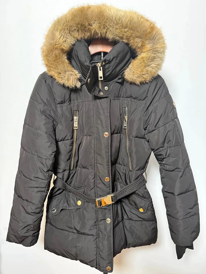 Michael Kors Black Belted Puffer Jacket with Faux Fur Hood M