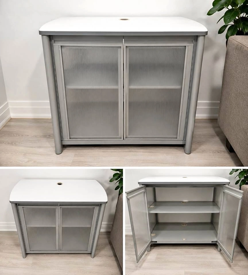 Modern Grey Storage Cabinet with Frosted Glass Doors
