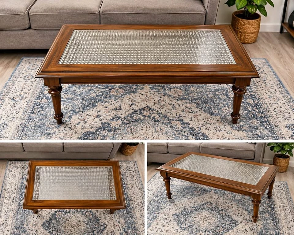 Wood Coffee Table and End Table Set with Glass Inlay