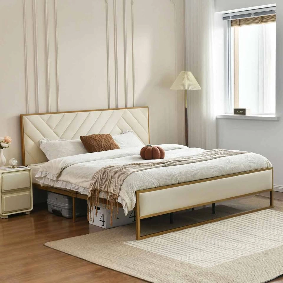 Queen Size Gold Metal Bed Frame with Cream Upholstered Headboard - photo 2