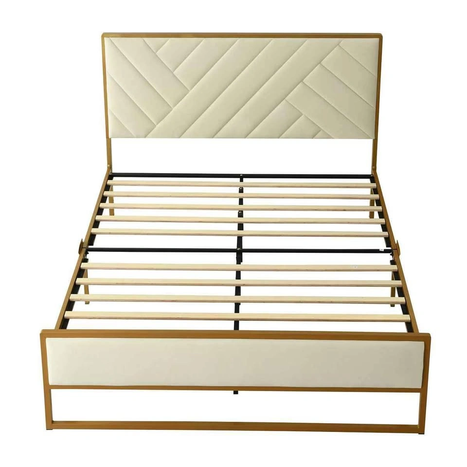 Queen Size Gold Metal Bed Frame with Cream Upholstered Headboard - photo 3
