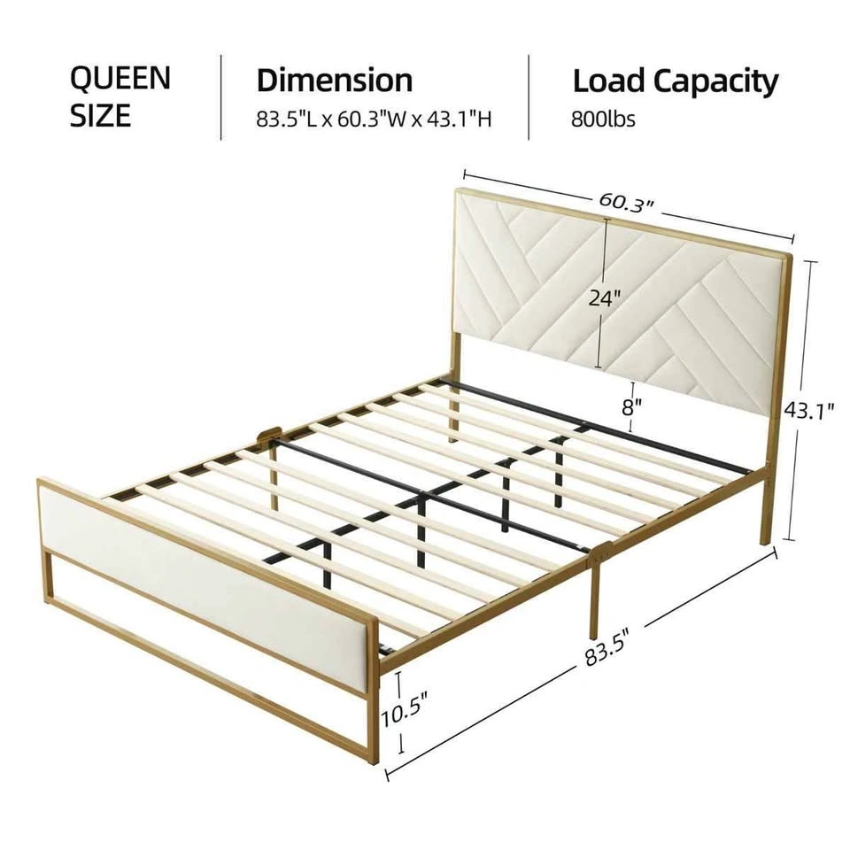 Queen Size Gold Metal Bed Frame with Cream Upholstered Headboard - photo 4