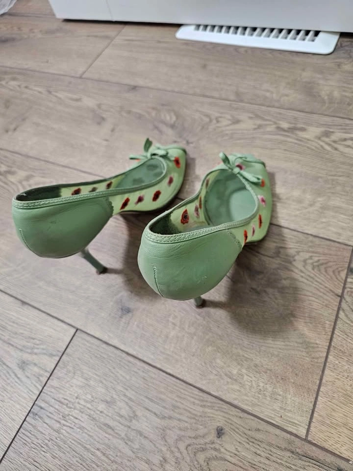 BCBGIRLS Sage Green Floral Embroidered Peep-Toe Stiletto Heels - photo 2