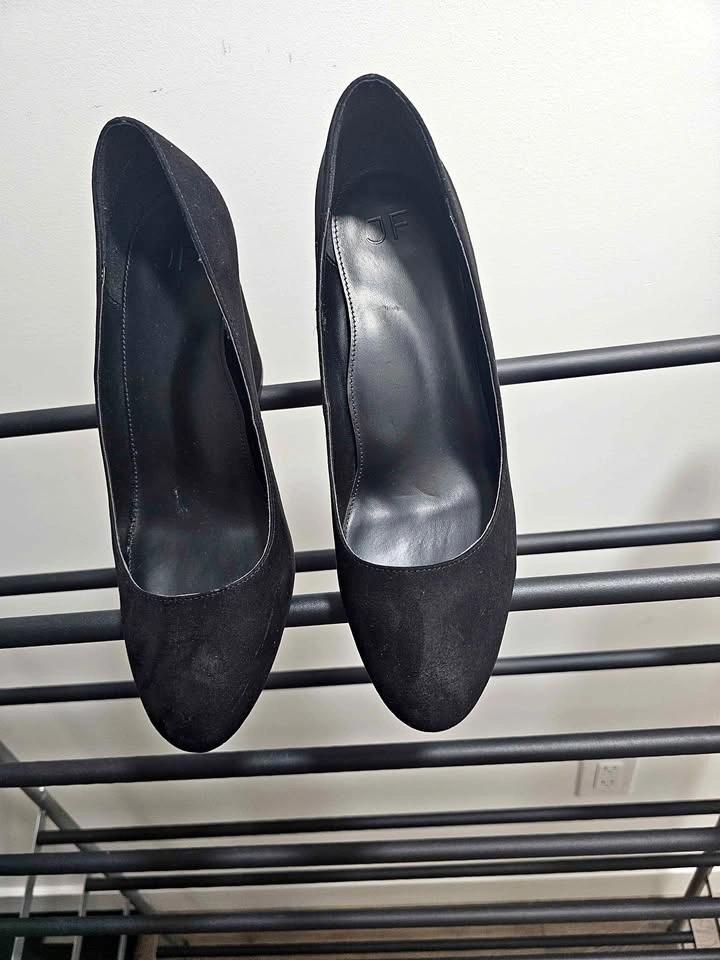 JF Black Suede Block Heel Pumps