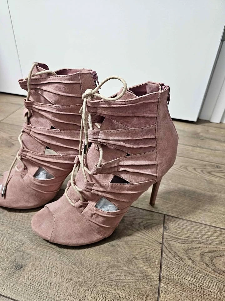 Blush Pink Faux Suede Lace-Up Peep-Toe Stiletto Booties