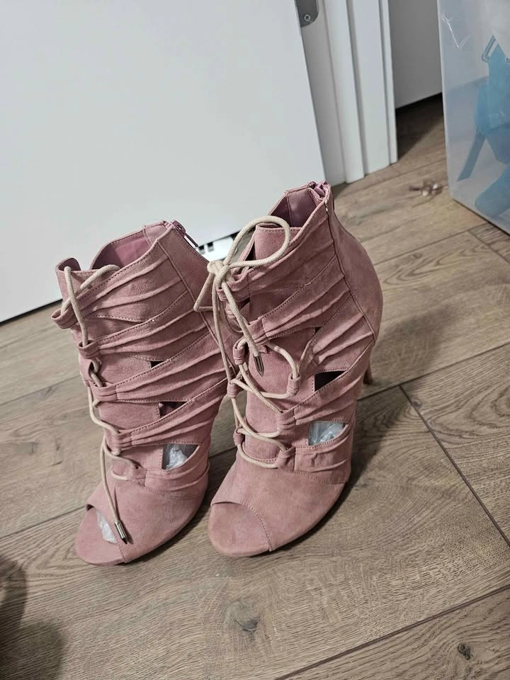 Blush Pink Faux Suede Lace-Up Peep-Toe Stiletto Booties - photo 2