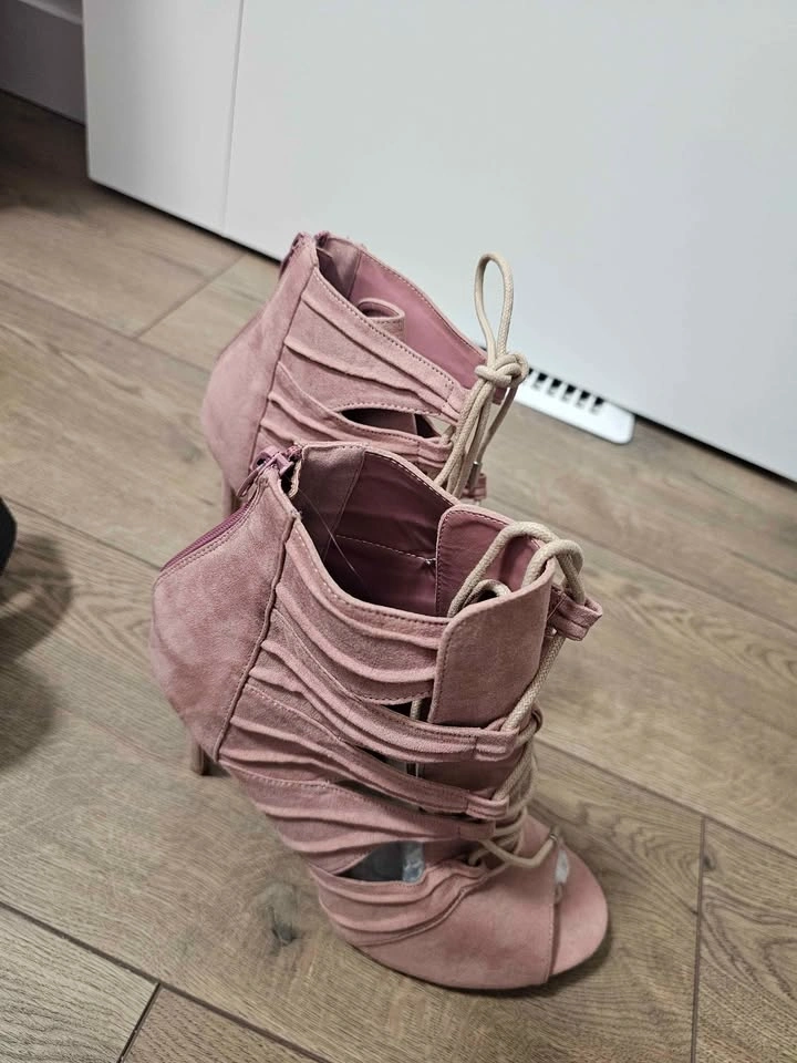 Blush Pink Faux Suede Lace-Up Peep-Toe Stiletto Booties - photo 3