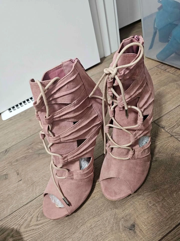 Blush Pink Faux Suede Lace-Up Peep-Toe Stiletto Booties - photo 4