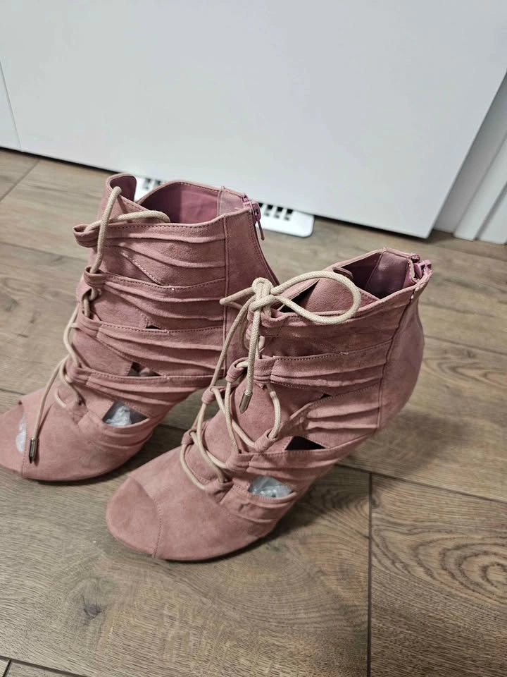 Blush Pink Faux Suede Lace-Up Peep-Toe Stiletto Booties - photo 5