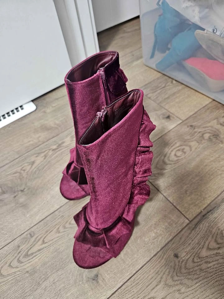 Burgundy Velvet Ruffle Open-Toe Stiletto Ankle Boots