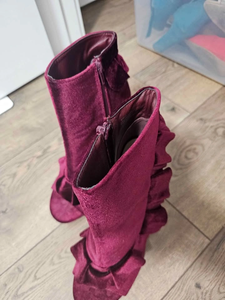 Burgundy Velvet Ruffle Open-Toe Stiletto Ankle Boots - photo 5