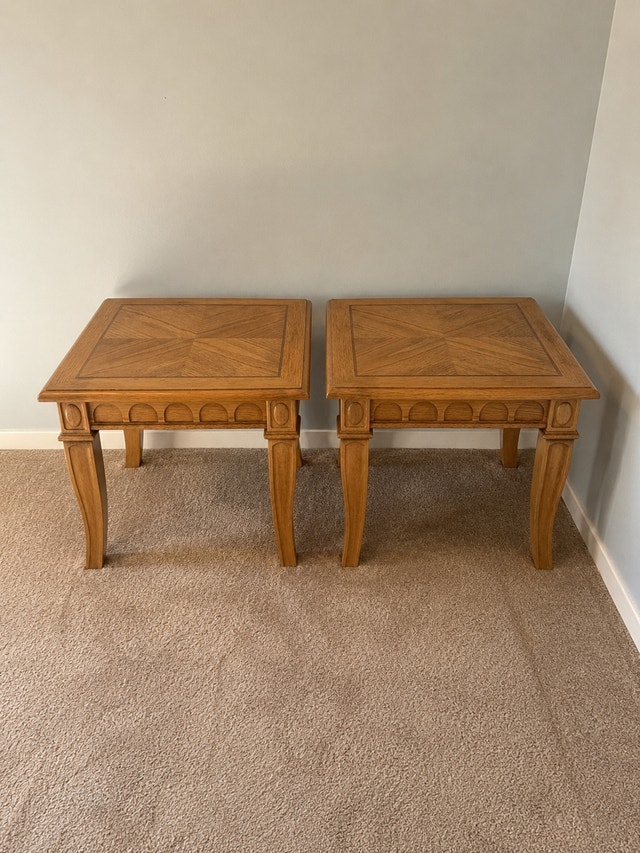 Pair of Vintage Oak Side Tables w/ Parquet Inlay (Matching Set)