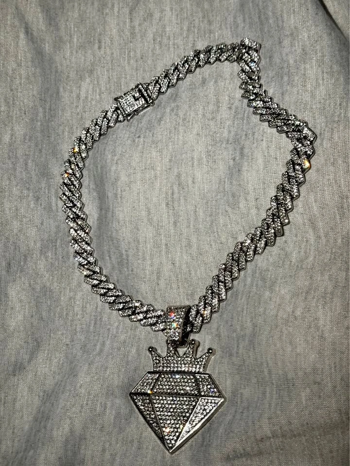 Men’s Iced Out Cuban Link Chain with Crown Diamond Pendant
