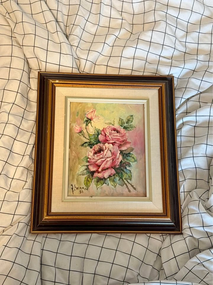 Vintage Original Floral Painting in Wooden Frame