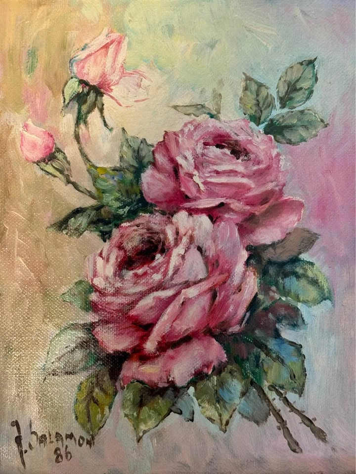 Vintage Original Floral Painting in Wooden Frame - photo 2