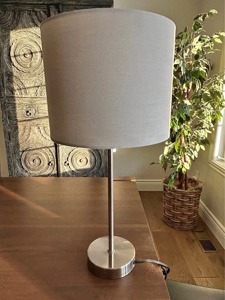 Chrome lamp with grey lampshade