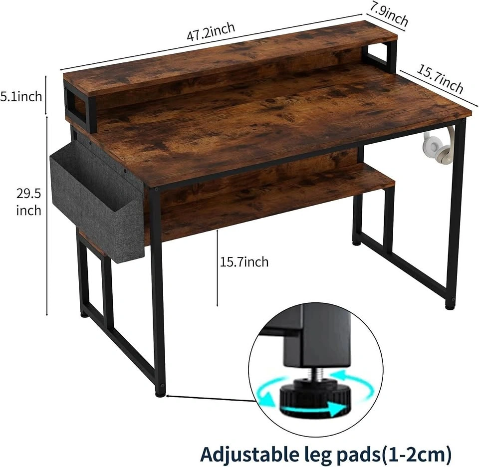 47" Computer Desk with Raised Monitor Stand, Storage Shelf & Sid
