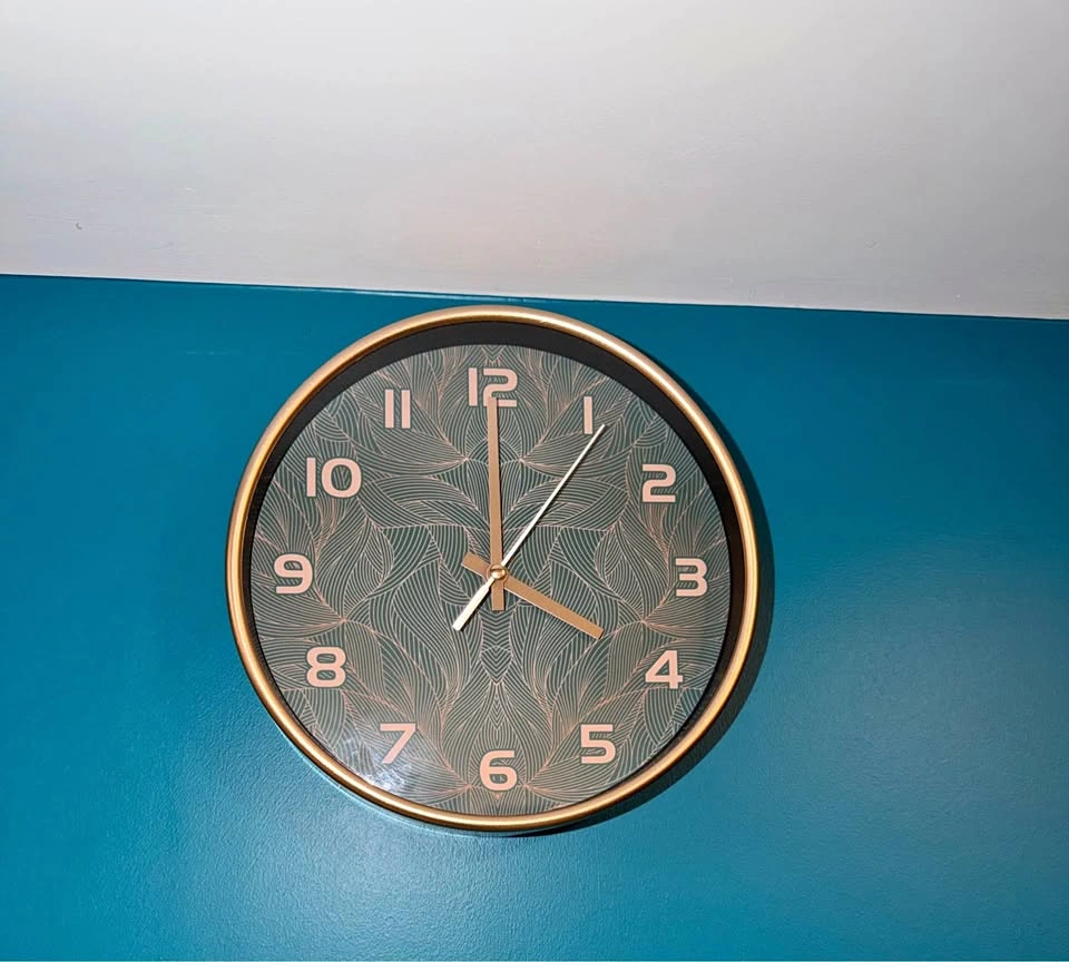 Boho Leaf Pattern Wall Clock 10” Gold Rim Teal Rose Gold