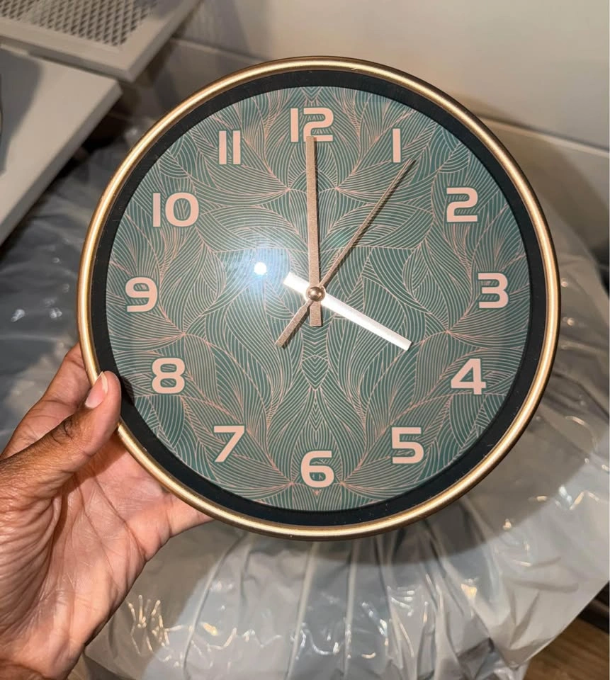 Boho Leaf Pattern Wall Clock 10” Gold Rim Teal Rose Gold - photo 2