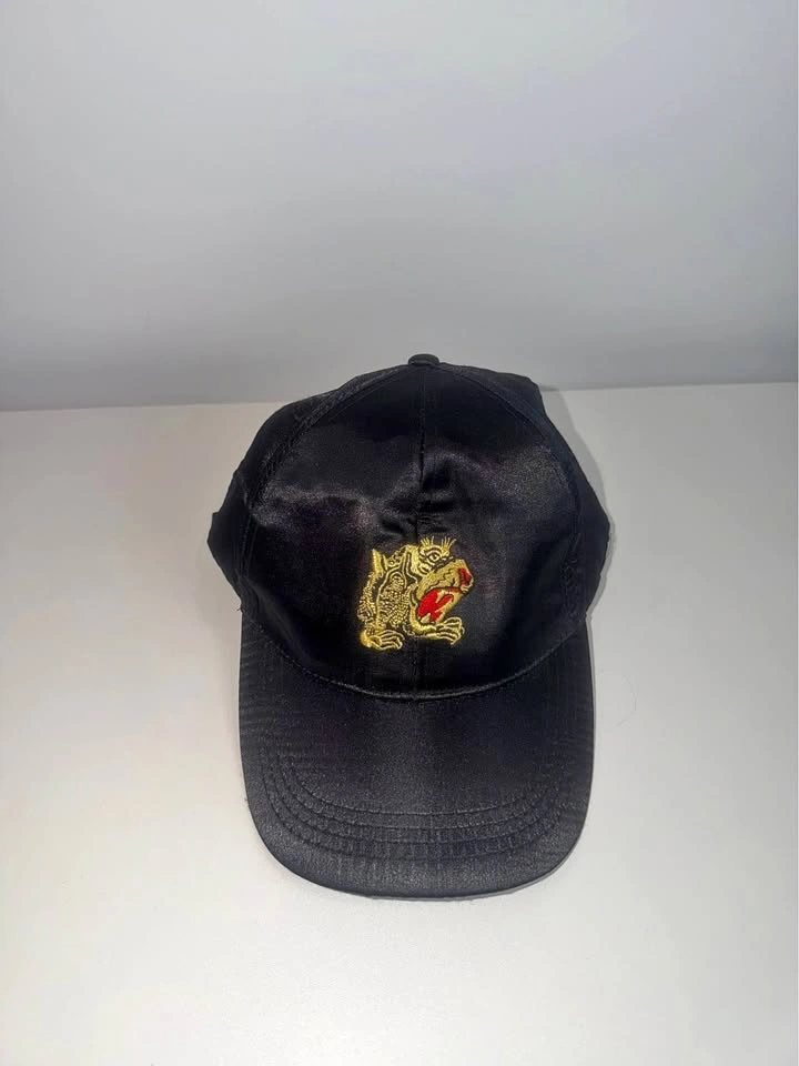 Black Satin Snapback Cap Gold Tiger Embroidery Vintage Style