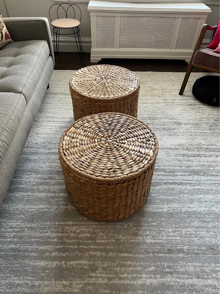 Wicker Storage Ottoman/Table in natural. 2 available.