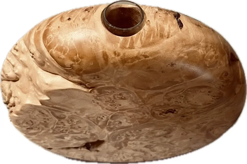 Signed Burlwood Bud Vase with Glass Insert (#22) image indicator(5)