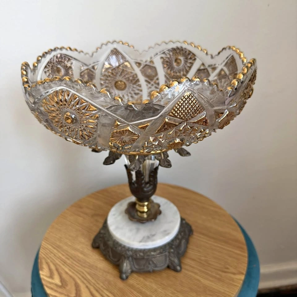 Vintage Hollywood Regency Cut Crystal & Marble Compote