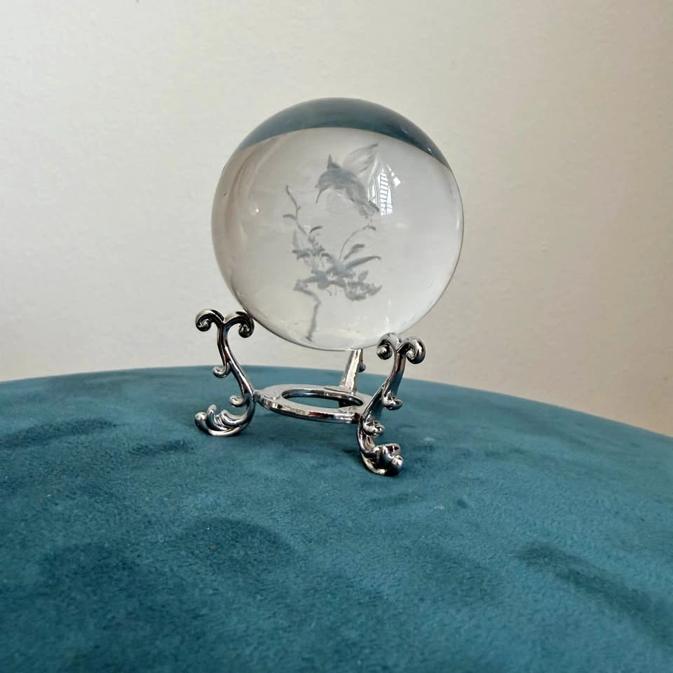 Laser-Etched 3D Crystal Hummingbird Orb with Display Stand