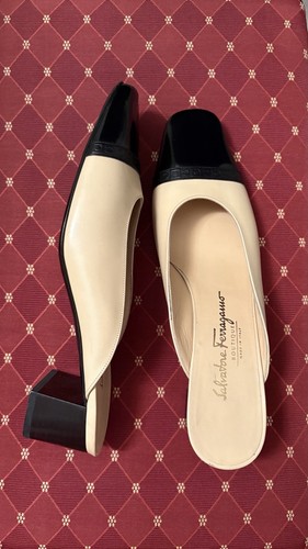 Salvatore Ferragamo Beige & Black Leather Cap Toe Heels Size 9.5
