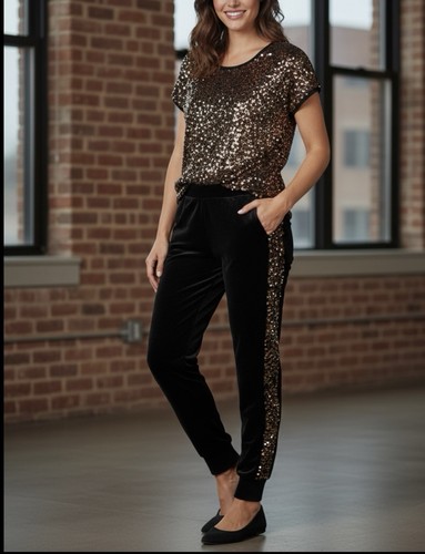 NWT Cable & Gauge Black Velvet & Gold Sequin 2-Piece Set - S
