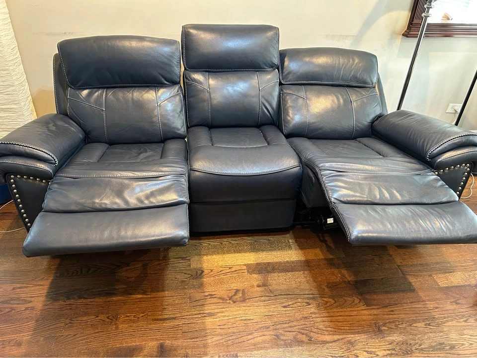 100% Leather Navy Blue Recling Sofa - photo 2