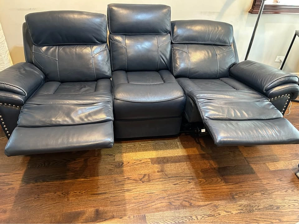 100% Leather Navy Blue Recling Sofa - photo 3